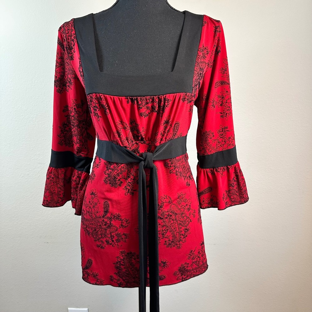 Y2K Red Black Floral‎ Top Blouse Square Neck Bell Sleeve L Witchy Romantic Goth - Picture 3 of 7